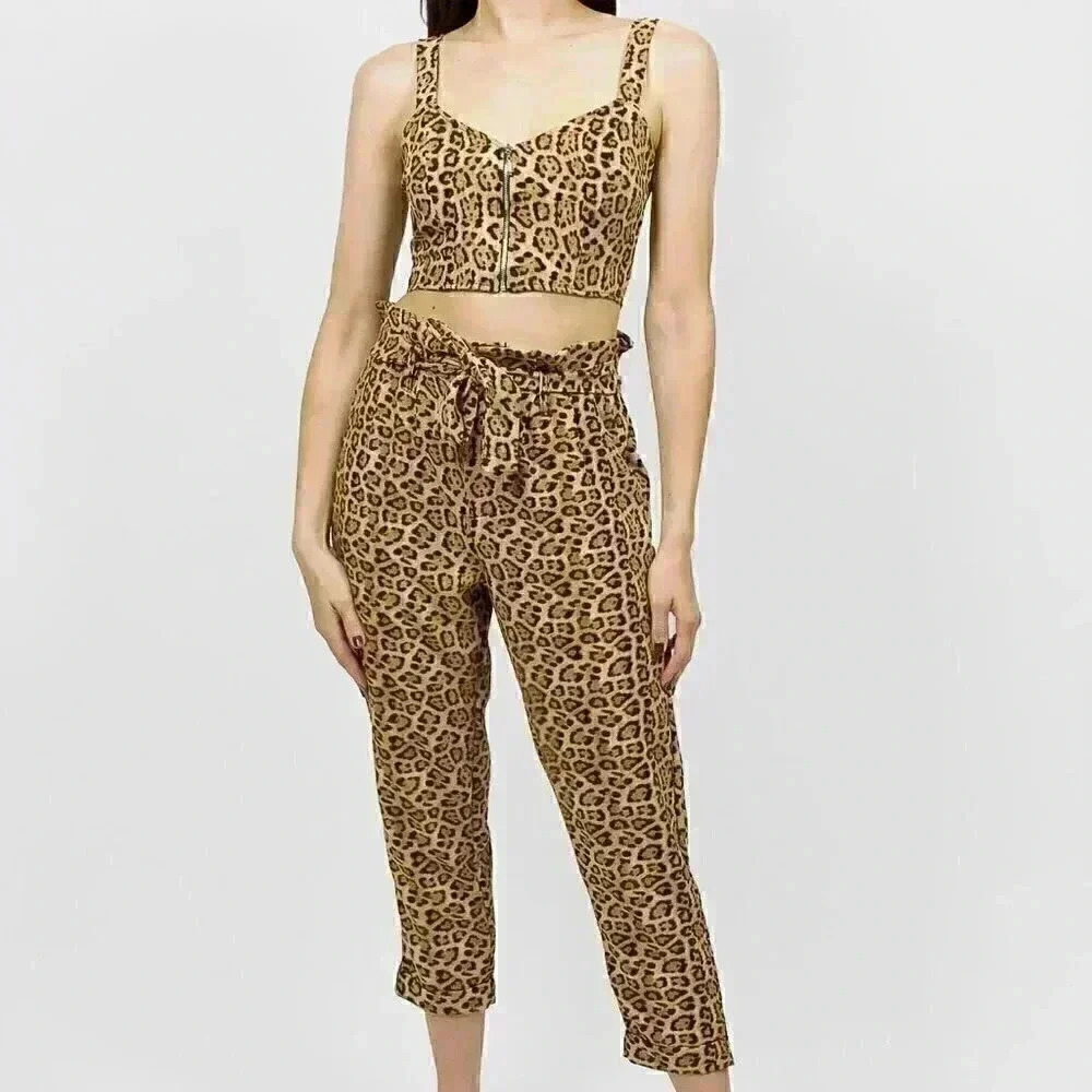 Leopard Two Piece Set Small Cropped Tank Top Leopard Print Matching Summer Set - Picture 1 of 4